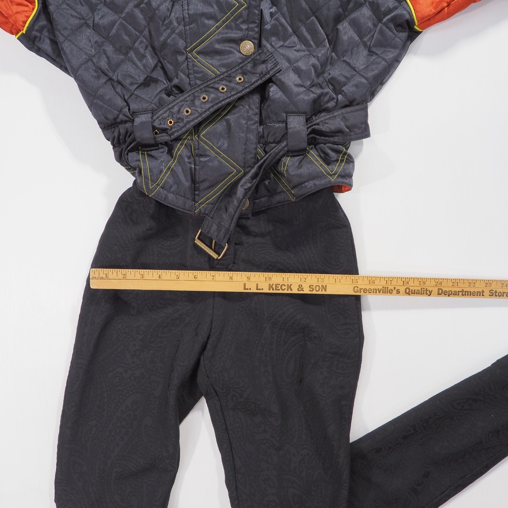 Vintage Obermeyer One Piece Ski Suit Women 12 Black Orange Quilted Hood Stirrup - Picture 5 of 9